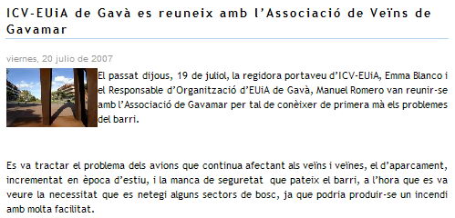 Informaci&oacute; apareguda a la web d'EUiA de Gav&agrave; sobre la reuni&oacute; mantinguda amb l'AVV de Gav&agrave; Mar (19 de juliol de 2007) 